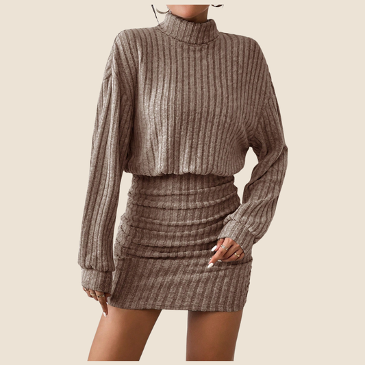 Dames Winterjurk – Hoge Kraag, Geribde Textuur & Lange Mouwen