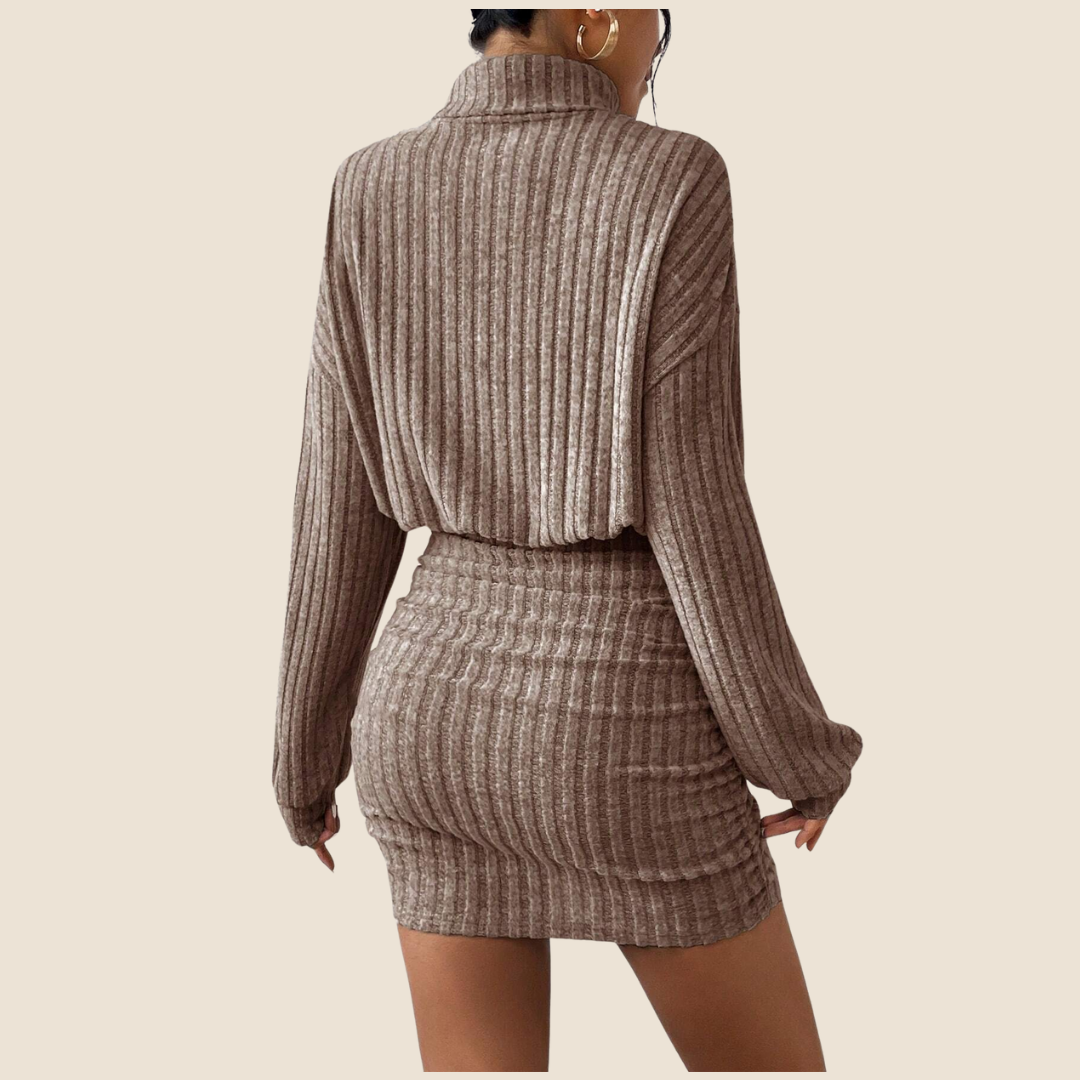 Dames Winterjurk – Hoge Kraag, Geribde Textuur & Lange Mouwen