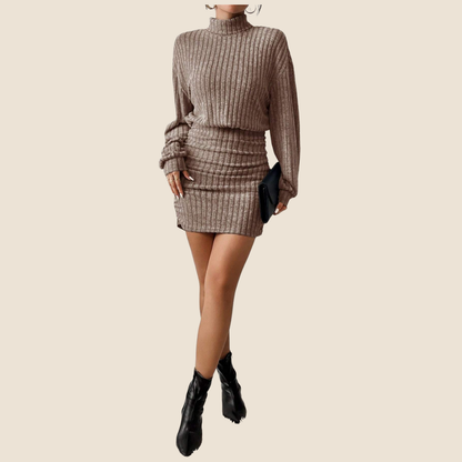 Dames Winterjurk – Hoge Kraag, Geribde Textuur & Lange Mouwen