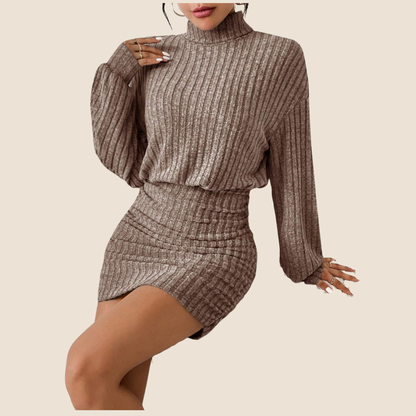 Dames Winterjurk – Hoge Kraag, Geribde Textuur & Lange Mouwen