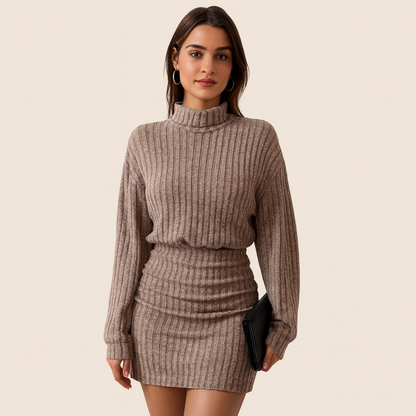 Dames Winterjurk – Hoge Kraag, Geribde Textuur & Lange Mouwen